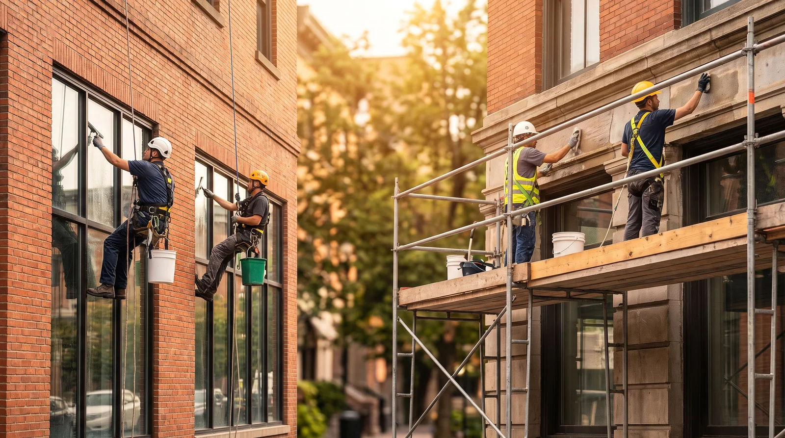 Técnico de limpieza vertical trabajando con cuerdas en la fachada de un edificio de comunidad de vecinos